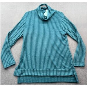 Teal Ribbed Turtleneck Sz M Long Sleeve Tunic Top High Neck Side Slits Cozy Soft